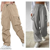 Light brown and gray polyester baggy pants, relaxed fit for women's high waist, loose drawstring waist with khaki cargo joggers included. Indian-made casual wear for plus size women